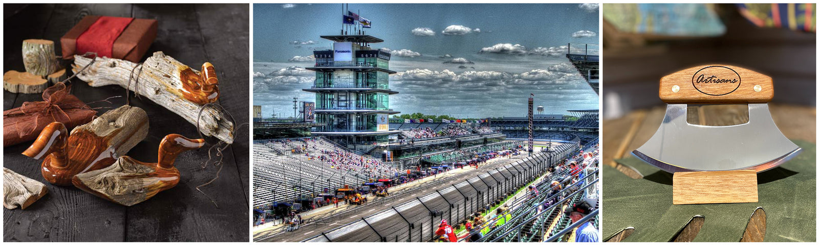 Artisans hand carved ducks Indianapolis 500 photos and Alaskan Ulus