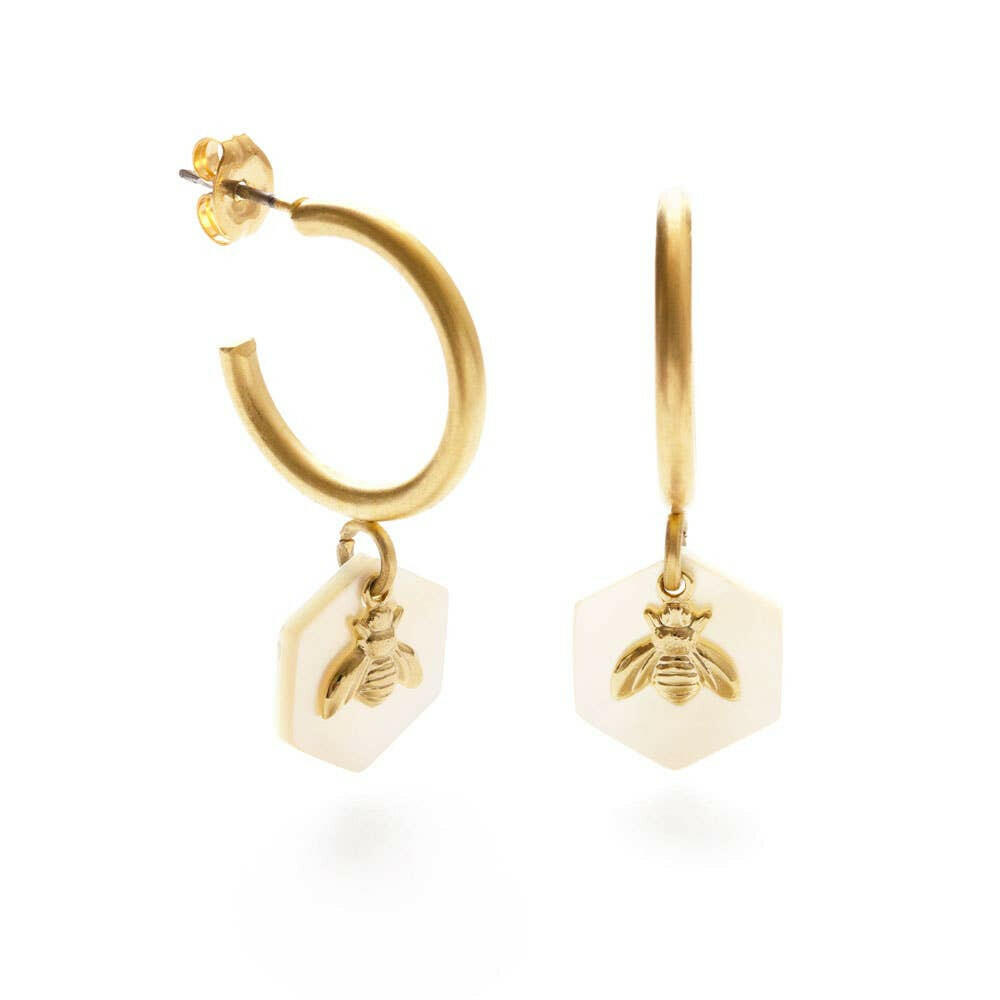 23BEE | Tiny Bee on Mother of Pearl Hexagon on Huggie Hoops | Artisans.