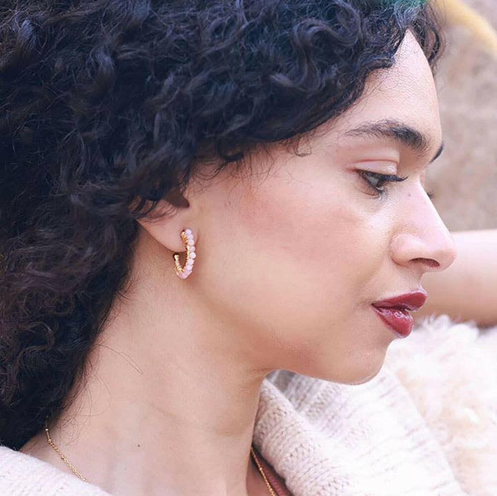 Rose Quartz Wrapped Hoop Earrings | Artisans.