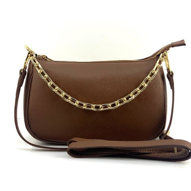 Brown handbag with a gold chain strap on a white background
