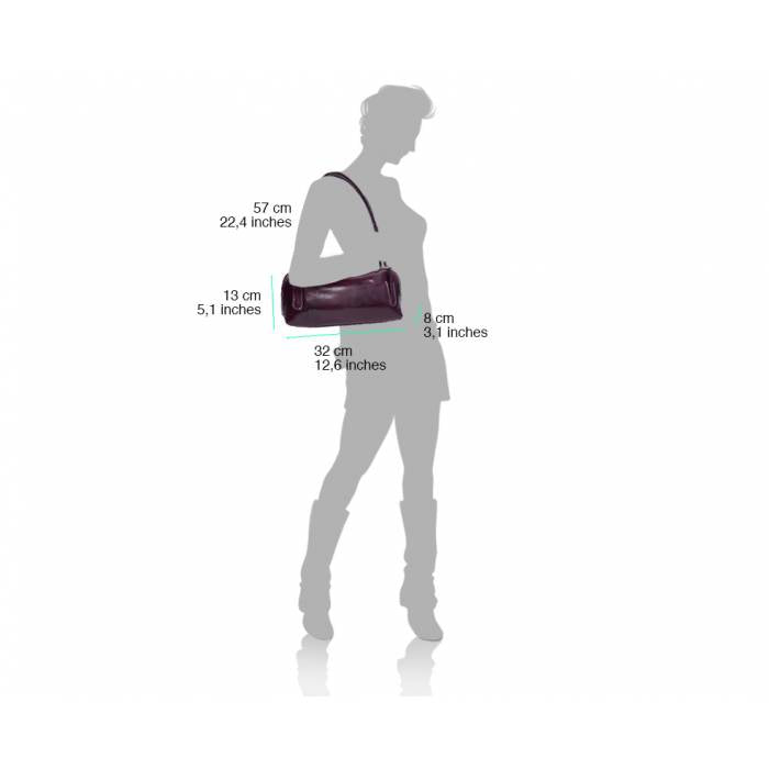 Silhouette of a person wearing a handbag with dimensions labeled