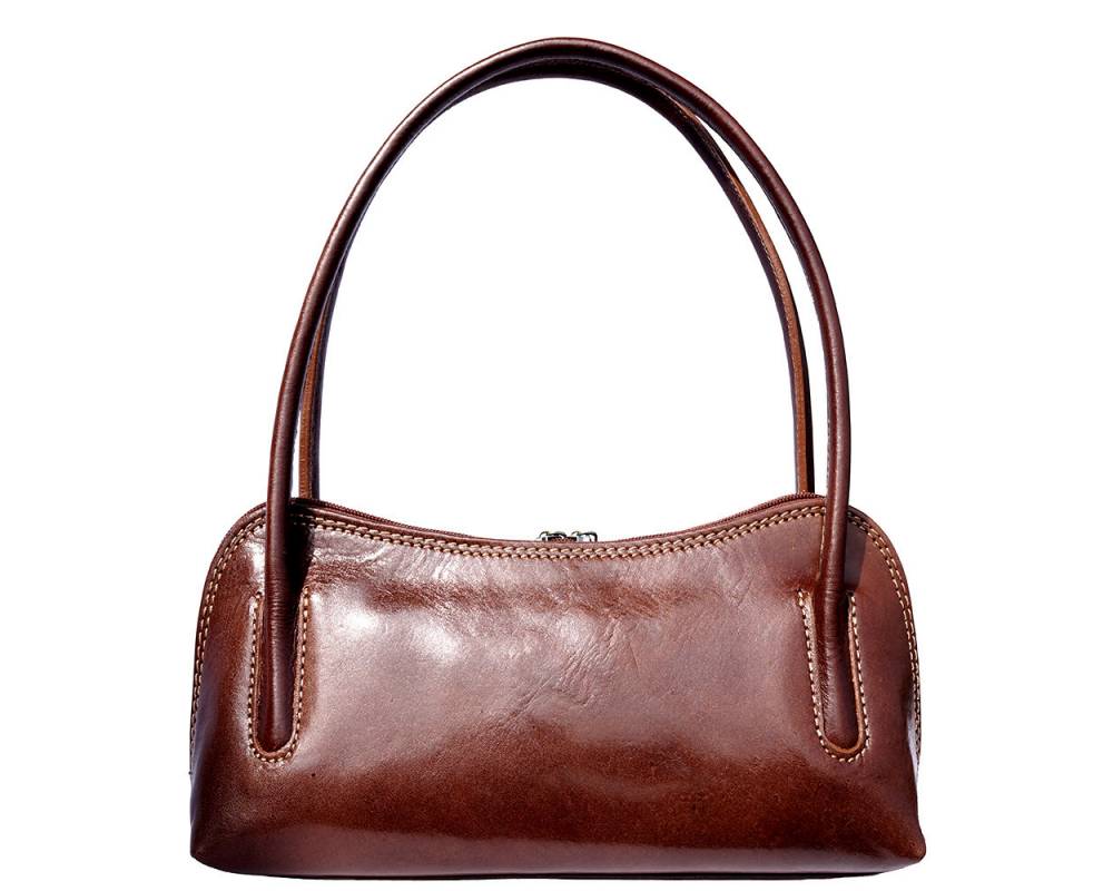 Brown leather handbag on a white background