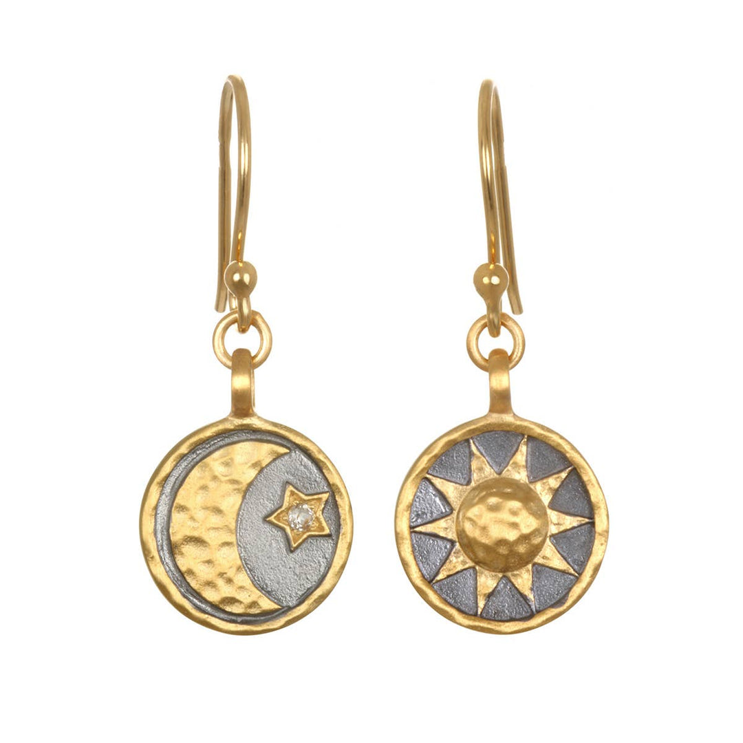 White Topaz Gold &amp; Gunmetal Celestial Sun Moon Star Earrings