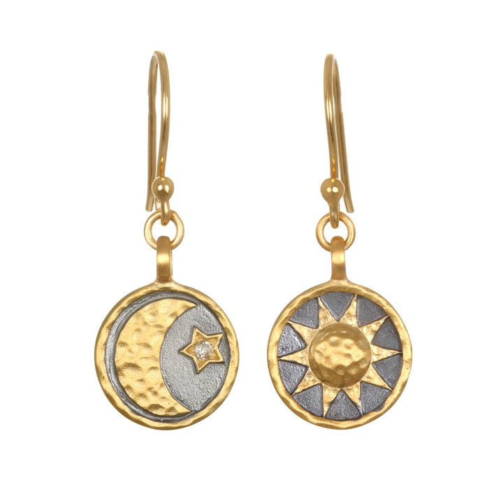 White Topaz Gold &amp; Gunmetal Celestial Sun Moon Star Earrings