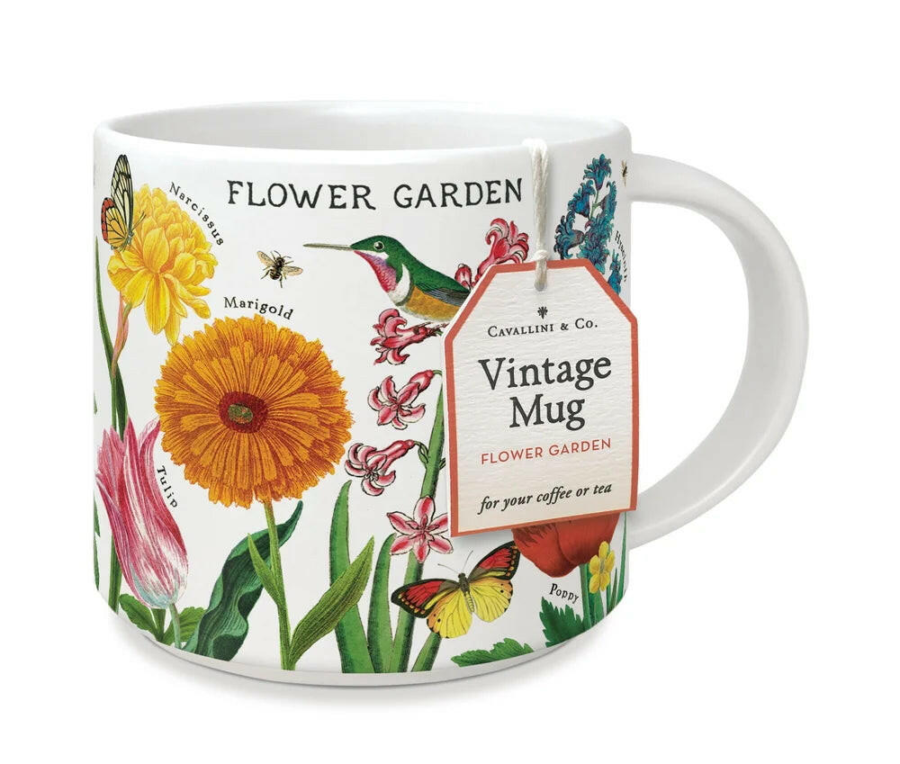 Mug with floral design and 'Vintage Mug' tag on a white background
