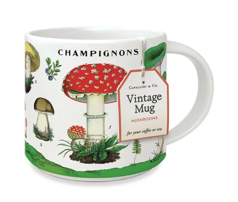 Mug with mushroom design and text on a white background