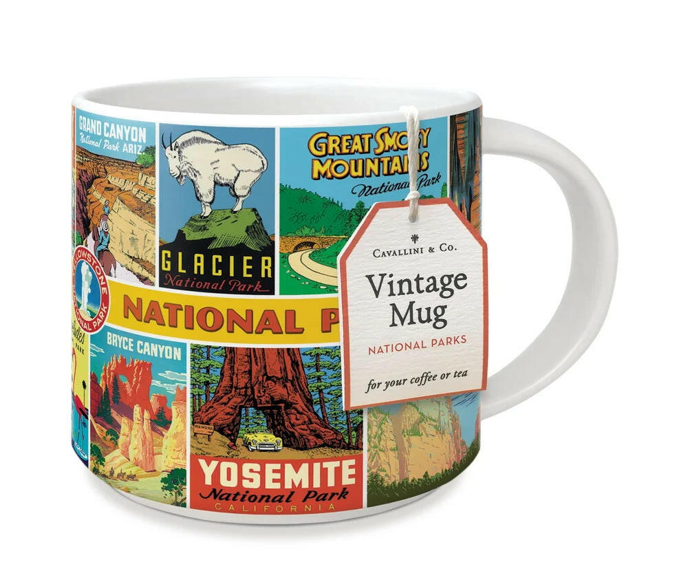 Mug with national park designs and Cavallini & Co. branding