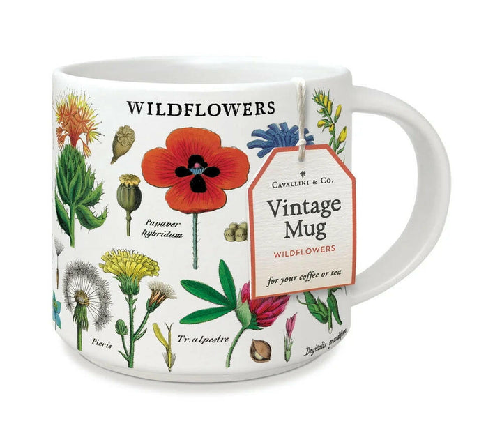 Mug with wildflower design and 'Vintage Mug' label on a white background