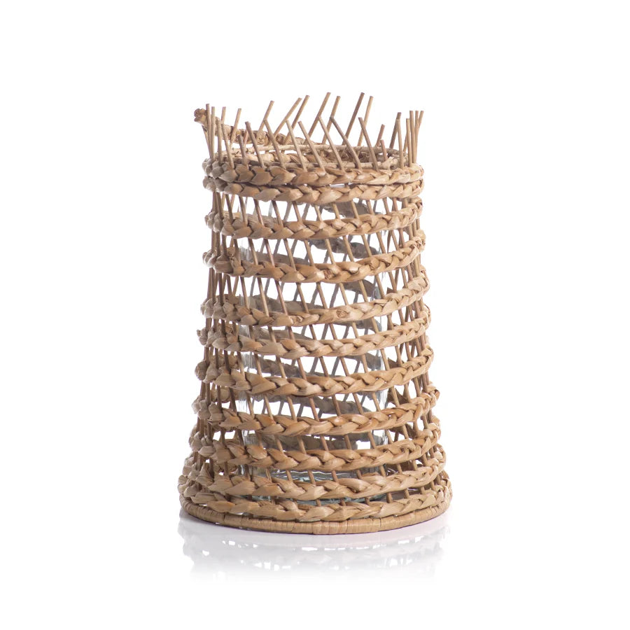 Woven rattan candle holder on a white background | Artisans