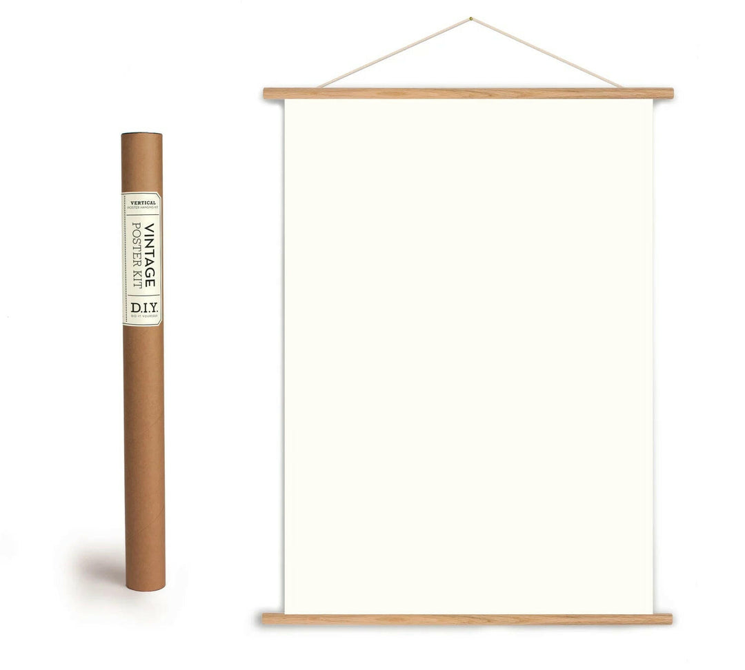 Roll of vintage poster paper with a wooden frame on a white background