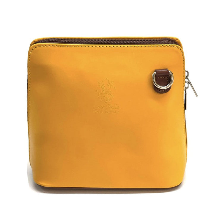 Yellow pouch with a brown zipper pull on a white background