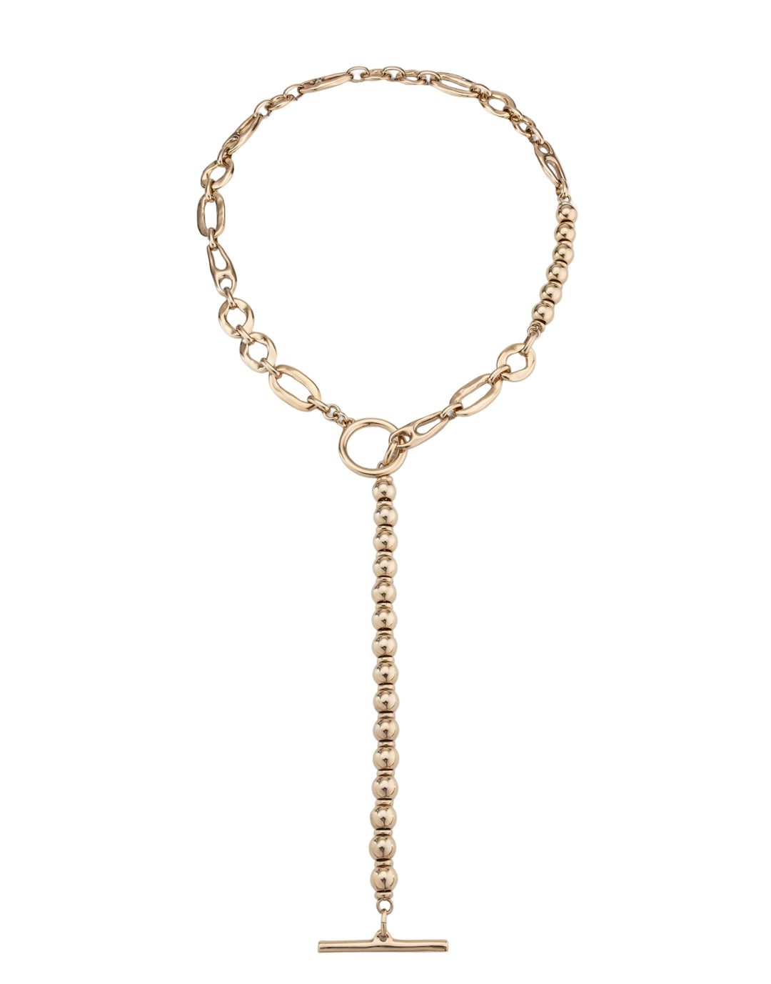 Gold chain necklace with a clasp on a white background
