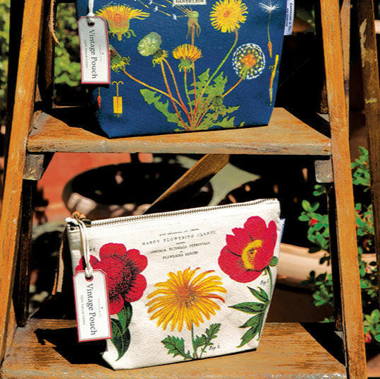 Floral-themed product packaging with illustrations of flowers on a shelf.