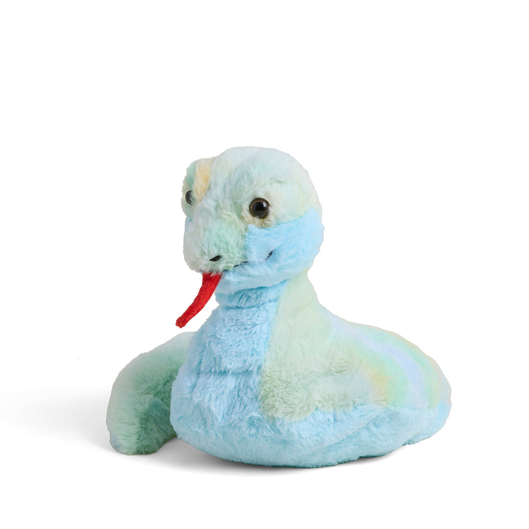 Plush snake toy on a white background