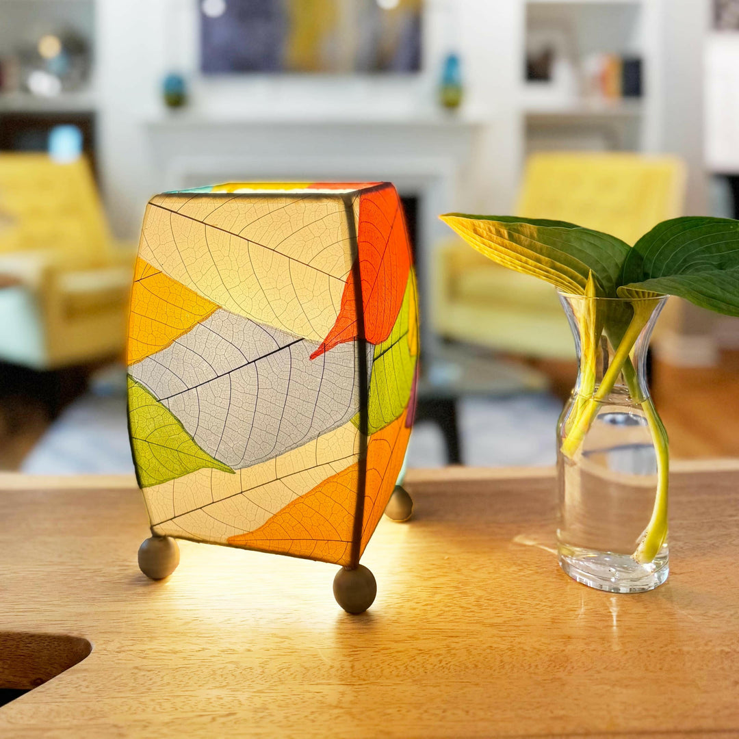 Mini Square Cocoa Leaf Lamp Multi Color, Shade Real Leaves | Artisans.